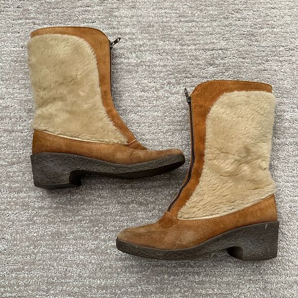 Quoddy Shoes - VTG Quoddy Moccasins Boots Brown Shearling Leather USA Made 60s Western Boho